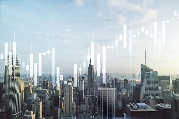 Abstracte virtuele financiële grafiek hologram op new york stadsgezicht achtergrond financiële en handelscon