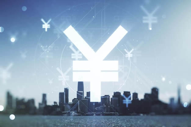 Abstracte virtuele illustratie van het Japanse Yen-symbool op de achtergrond van de skyline van San Francisco Handels- en valutaconcept Multiexposure