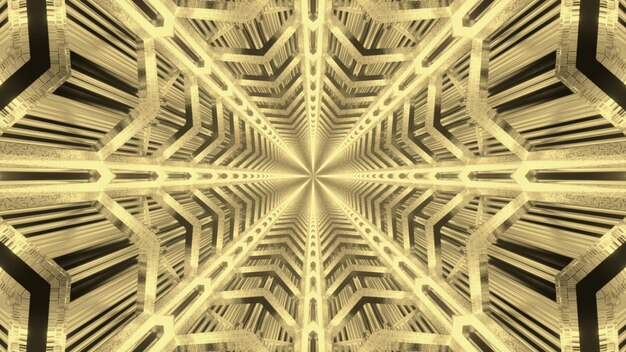 Abstracte visuele achtergrond van eindeloze futuristische tunnel met symmetrische geometrische ster gevormd in gouden neonkleuren