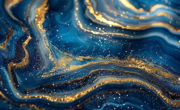 Foto abstracte vloeibare kunst met blauwe en gouden wervelende patronen organische golfachtige vormen