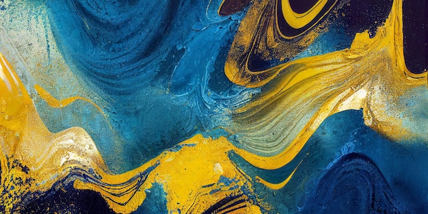 Abstracte vloeibare kunst schilderij textuur blauwe en gouden kleuren