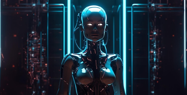 abstracte vrouwelijke robot die alleen staat in een donkere kamer, licht hd behang