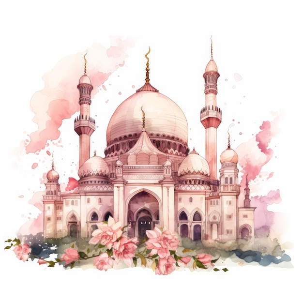 Abstracte waterverfmoskee met levendige kleuren en waterverf moskee met bloemen en rozen