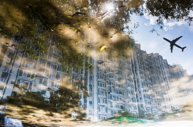 Abstracte weerspiegeling van een stadsstraat in een regenachtige plas. Vliegende vogels