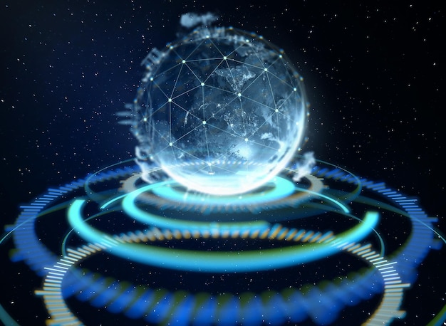 Abstracte wereldbol met verbonden stippen draadloos communicatienetwerk op ruimte Global business concept 3D-rendering