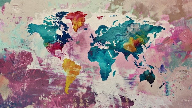 Abstracte wereldkaart schilderij die wereldwijde connectiviteit en artistieke interpretatie van geografie oproept