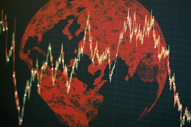Abstracte wereldwijde zakelijke hologram aarde. Business en Technology Concept Staafdiagrammen, diagrammen, financiële cijfers. Abstracte gloeiende forex grafiek interface wallpaper. Investering, handel, voorraad, financiën