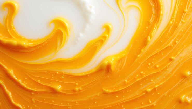 Abstracte werveling van gele en oranje verf die een gestructureerd oppervlak creëert