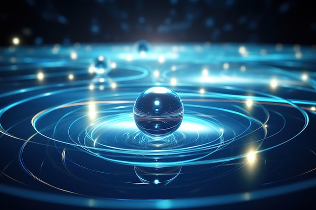 Abstracte wetenschappelijke achtergrond blauwe neon kwantum atoom glas doorzichtige bal draaiende in vacuüm elektronen baanbanen