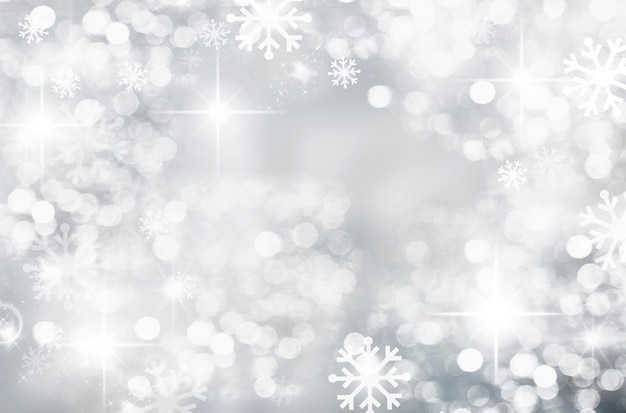 Abstracte winter zilver witte kerst achtergrond met sneeuwvlokken en bokeh cirkels