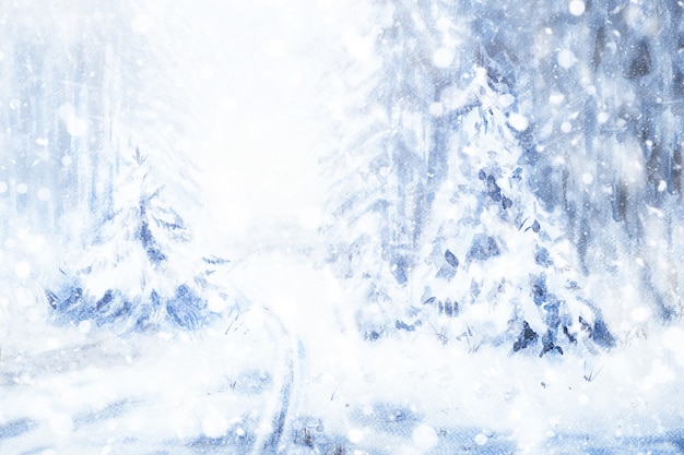 Abstracte winterlandschap aquarel. Sneeuw in het bos
