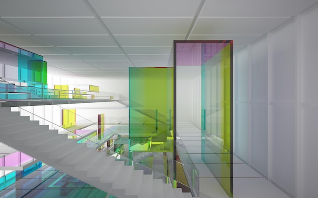 Abstracte witte en gekleurde gradiënt glazen interieur multilevel openbare ruimte met raam. 3D