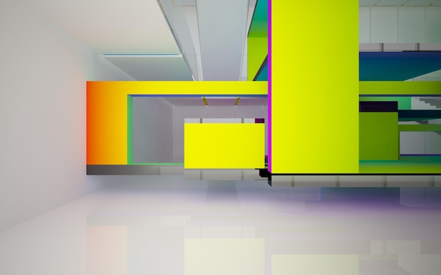 Abstracte witte en gekleurde gradiënt glazen interieur multilevel openbare ruimte met raam. 3D