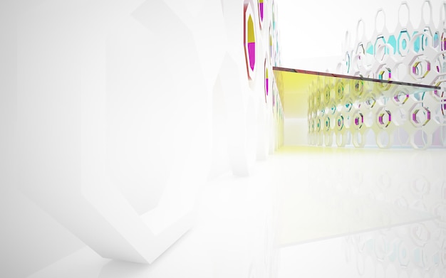 Abstracte witte en gekleurde gradiënt glazen interieur multilevel openbare ruimte met raam. 3D