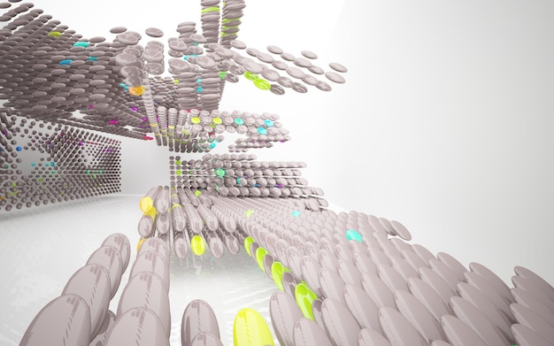 Abstracte witte en gekleurde gradiëntglazen binnenlandse multilevel openbare ruimte met venster 3D