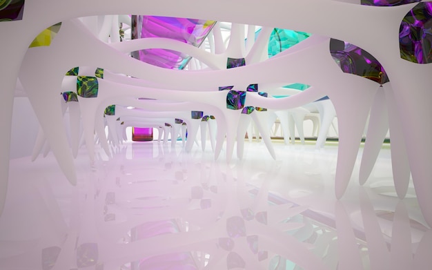 Abstracte witte en gekleurde gradiëntglazen binnenlandse multilevel openbare ruimte met venster 3D
