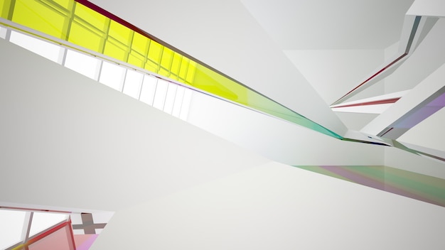 Abstracte witte en gekleurde gradiëntglazen binnenlandse multilevel openbare ruimte met venster 3D