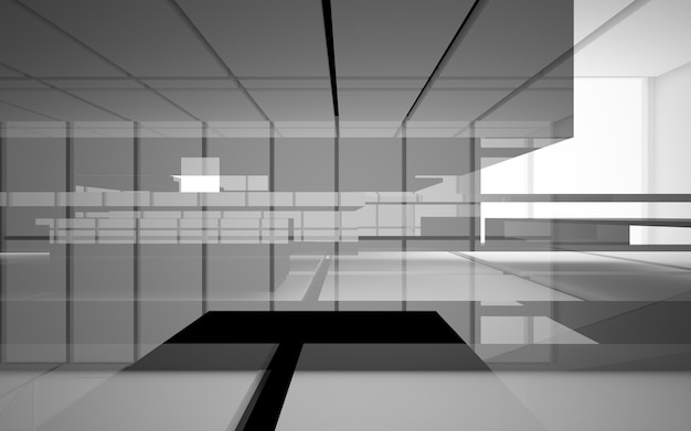 Abstracte witte en zwarte interieur multilevel openbare ruimte met raam. 3D illustratie en weergave