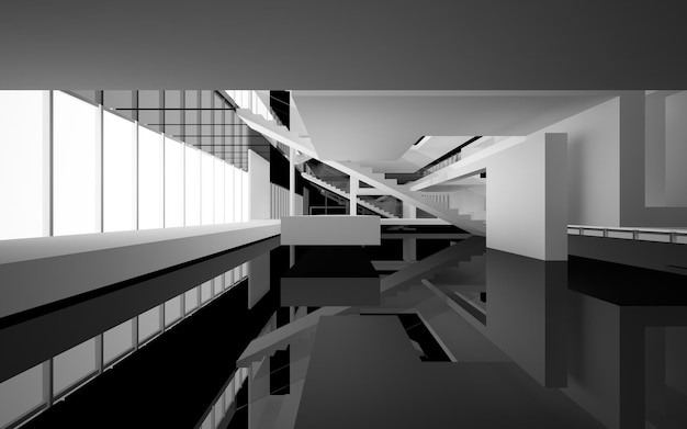 Abstracte witte en zwarte interieur multilevel openbare ruimte met raam. 3D illustratie en weergave