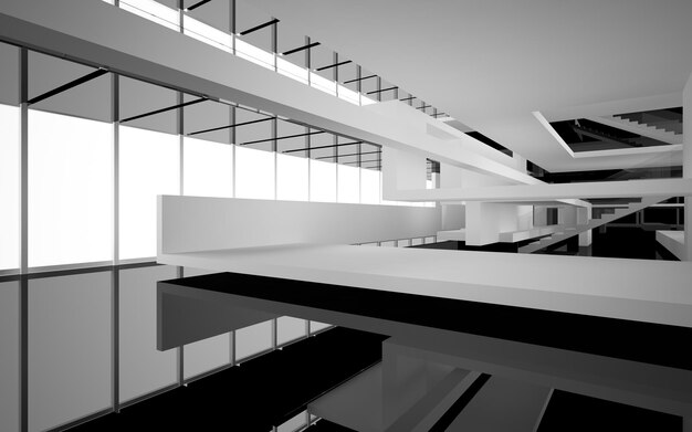 Abstracte witte en zwarte interieur multilevel openbare ruimte met raam. 3D illustratie en weergave