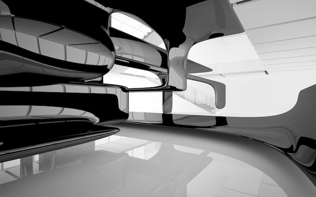 Abstracte witte en zwarte interieur multilevel openbare ruimte met raam. 3D illustratie en weergave