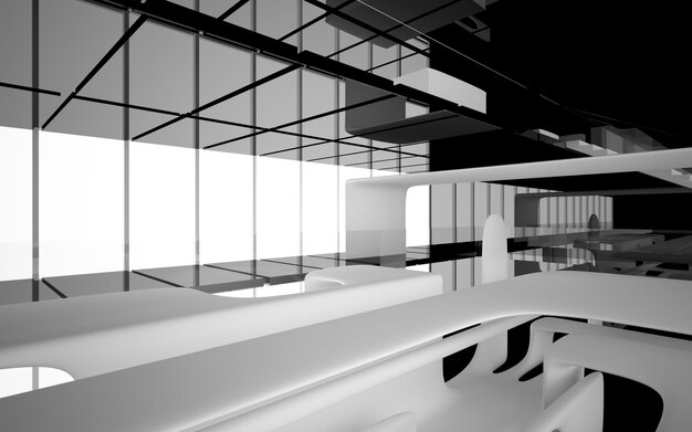 Foto abstracte witte en zwarte interieur multilevel openbare ruimte met raam. 3d illustratie en weergave
