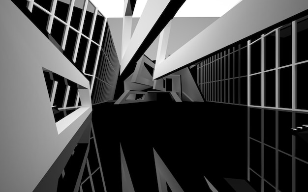 Abstracte witte en zwarte openbare ruimte op meerdere niveaus met venster 3D illustratie en weergave
