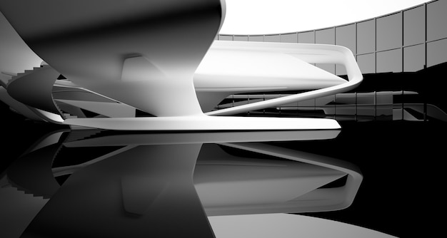 Abstracte witte en zwarte openbare ruimte op meerdere niveaus met venster 3D illustratie en weergave