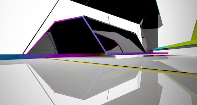 Abstracte witte en zwarte openbare ruimte op meerdere niveaus met venster 3D illustratie en weergave