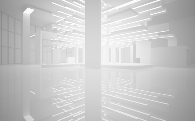 Abstracte witte openbare ruimte op meerdere niveaus met venster 3D illustratie en weergave