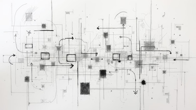 Abstracte zwart-witte tekening van complexe stedelijke paden en structuren op een gestructureerd oppervlak Generatieve AI
