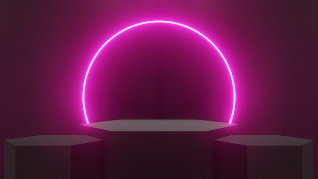 Abstracte zwarte kamer en drie zeshoeken podiums met een lus van neon gloeiend roze licht, 3D-rendering