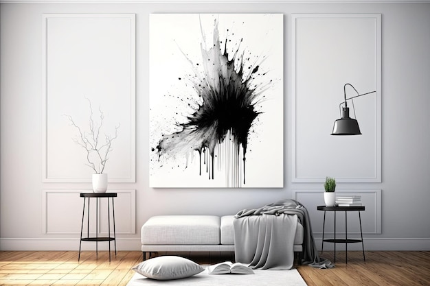 Абстракция черной тушью на белом холсте Мазки черной краской Декор для минималистского дома