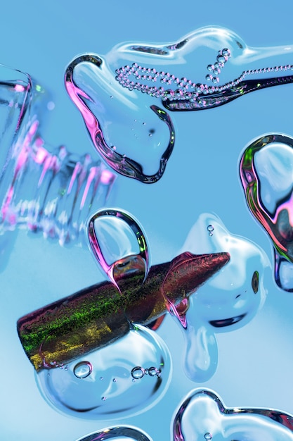 Abstraction on cosmetics, drops, air bubbles, bullets and bottles in neon