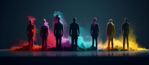 Abstraction people standing on a colored smoke background