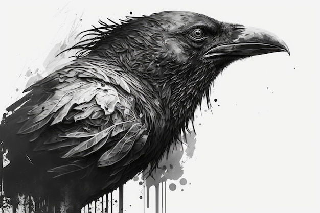 Abstraction of a ravens head drawn in black and white