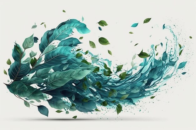 Abstraction of voluminous green leaves in the wind on a white backgroundGenerative AI