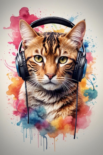Foto astratto artistico splash art gatto felice che indossa le cuffie