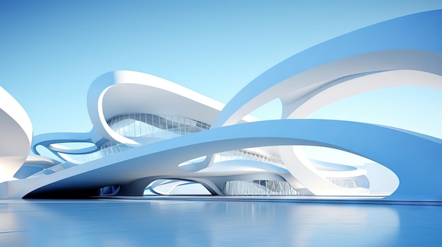 Abstrakte architectuurscene met gladde bochten Abstrakte achtergrond met futuristisch gebouw in witte en blauwe kleuren