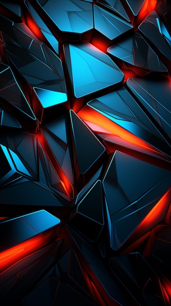 Abstruct futuristic wallpaper on a black background in the style of light red and dark azure glazed surfaces faceted forms light blue and dark amber