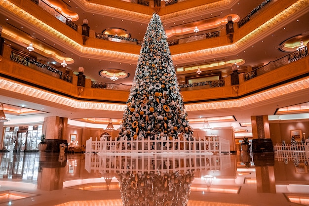 Abu-Dhabi, UAE, May 16 2020. Beautiful Christmas tree in Emirates Palace in Abu Dhabi with Christmas decorations.