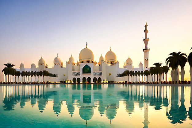 アブダビ UAE アブダビ アラブ首長国連邦のシェイク ザイード グランド モスクの夕日の眺め