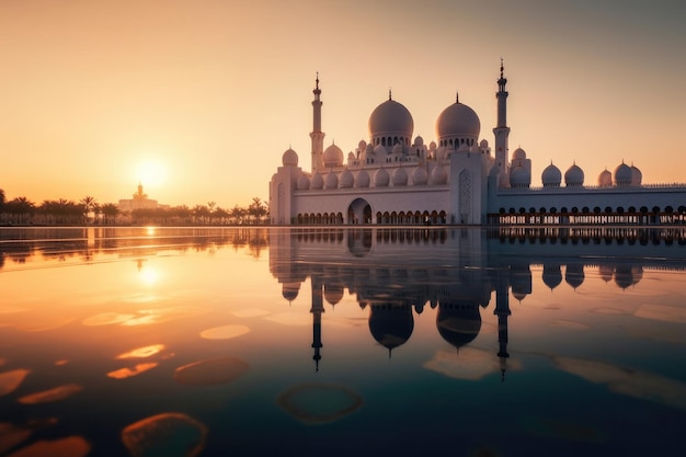 Abu Dhabi UAE Sheikh Zayed Grand Mosque in Abu Dhabi Verenigde Arabische Emiraten op een zonsondergang