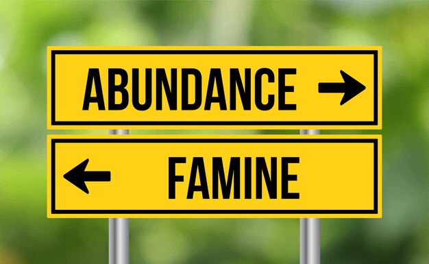 Abundance or famine road sign on blur background