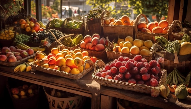 Abundance of fresh organic fruit in nature basket generated by AI