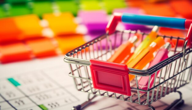 Abundance of groceries in multi colored shopping cart at supermarket sale generated by AI