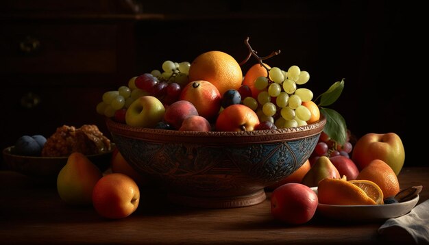 Abundance of juicy fruit in rustic bowl generated by AI