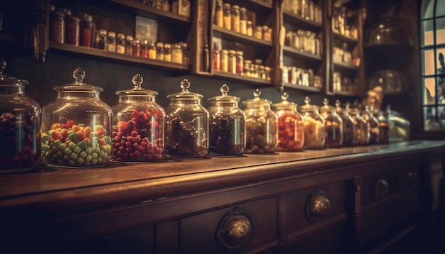 Abundance of old fashioned medicine jars on wooden shelves in cellar generated by artificial intelligence