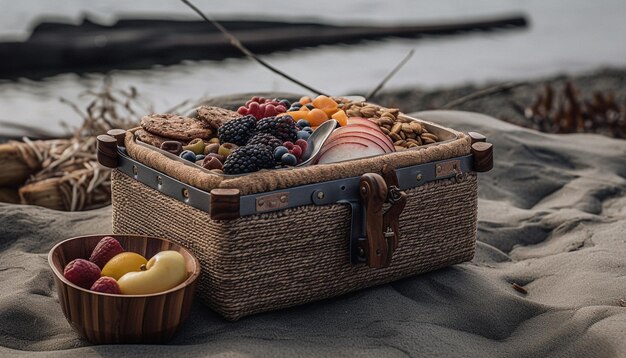 Abundance of ripe berry fruit in wicker basket generated by AI