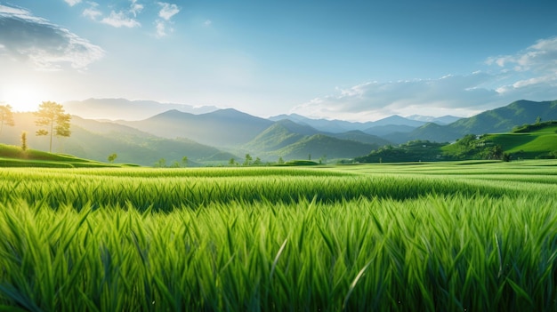 緑の草と青い空の山々の美しい景色を望む豊かな田んぼ